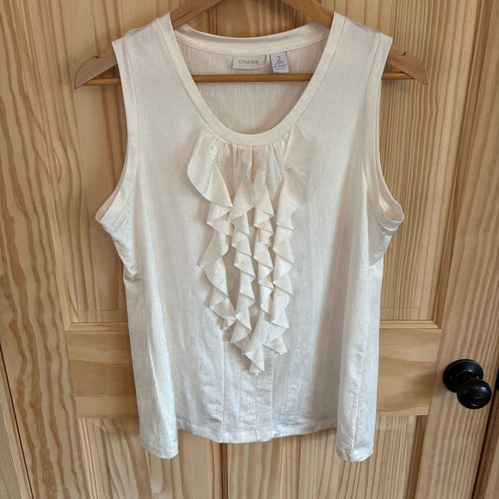 Chico’s Cream Ruffled Tank. Size L/12/ Chicos 2.